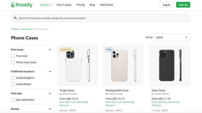 Selection of phone case products on Printify's website