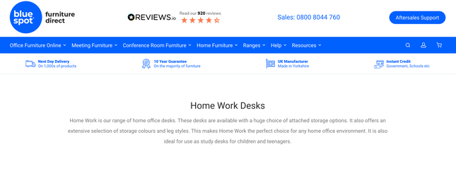 Page dedicated to home work desks on Blue Spot Furniture's website