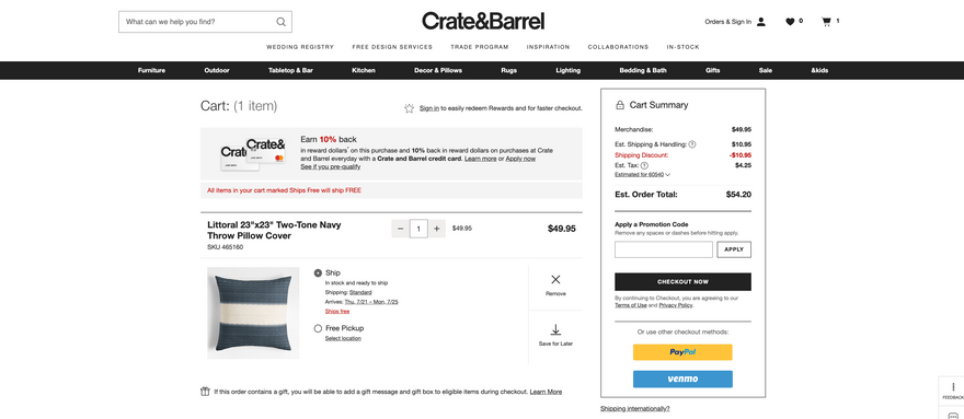 Crate and Barrel checkout page