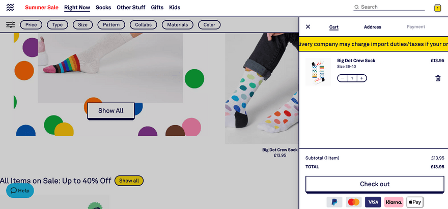 Happy Socks checkout page