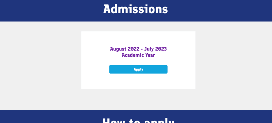 Finland International School admissions page, featuring a button to apply