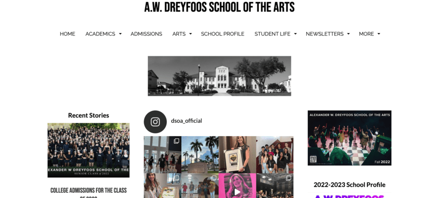 AW Dreyfoos School homepage, featuring its Instagram page and recent news