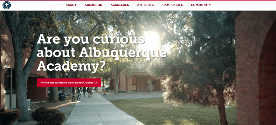 Albuquerque Academy homepage, including an invite to its next open house