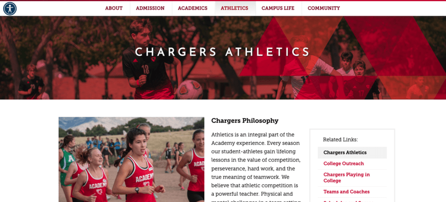 Athletics page for Albuquerque Academy, featuring its philosophy