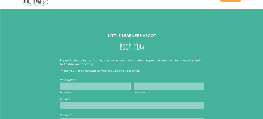 Contact page for Little Learners, featuring a booking form