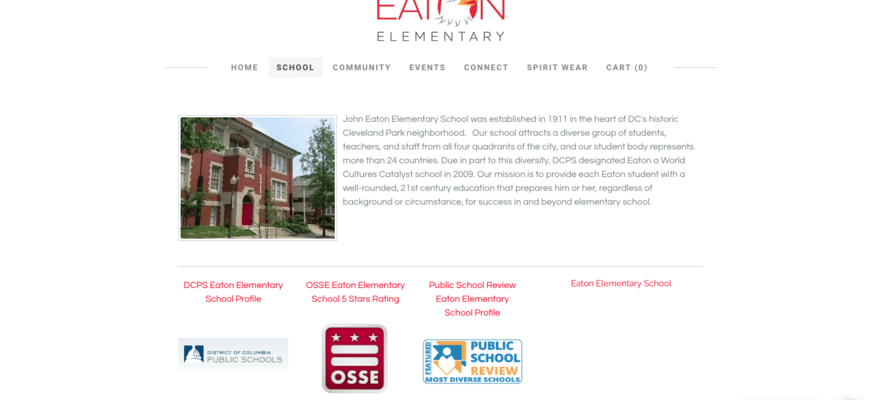 About us page, featuring a paragraph describing Eaton Elementary school