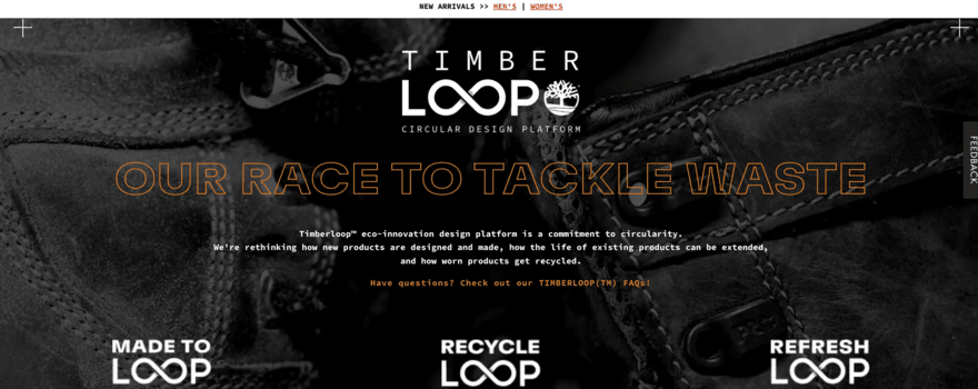 Timberloop homepage featuring information on its recycling scheme for Timberland products