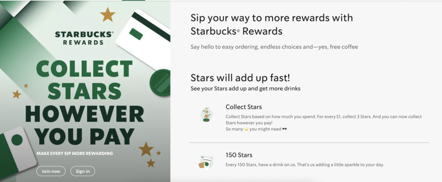 A description about how Starbucks Rewards works, featuring a large image with "Collect stars however you pay" in green text