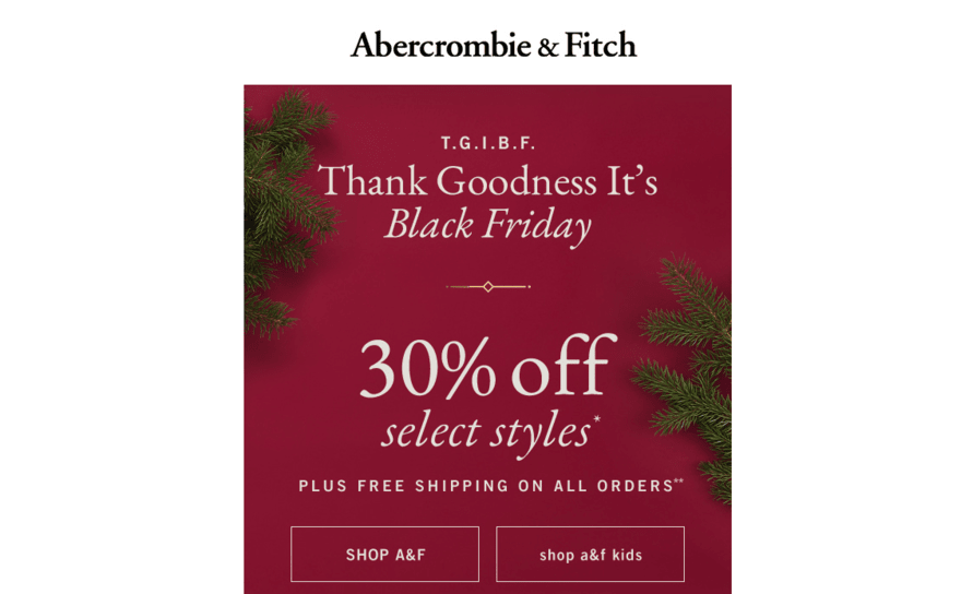 A Black Friday email with red background from Abercrombie & Fitch