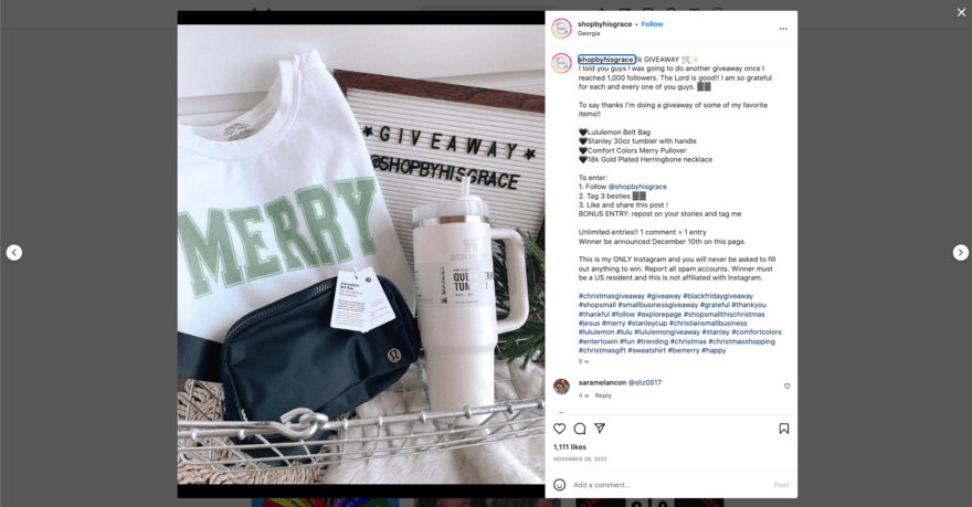 Instagram giveaway for the holiday season from company By His Grace