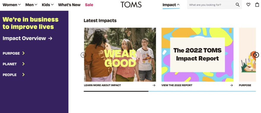 TOMS website featuring a carousel of image blocks for different content on TOMS latest impacts, such as TOMS Impact Report