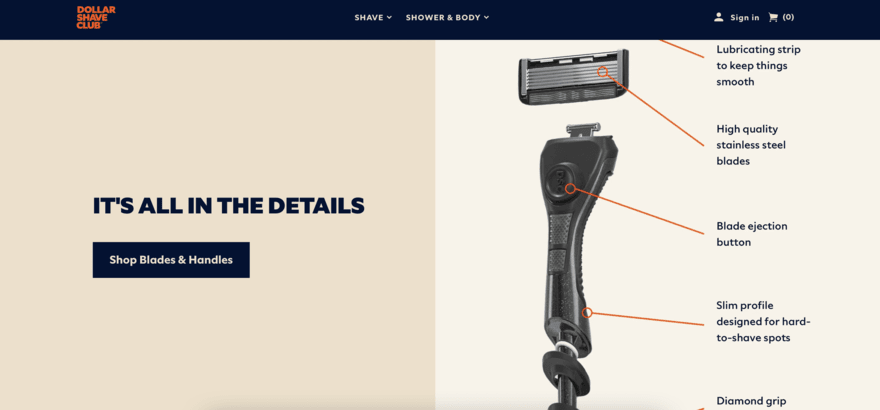 Dollar Shave Club homepage showing a razor and a CTA box