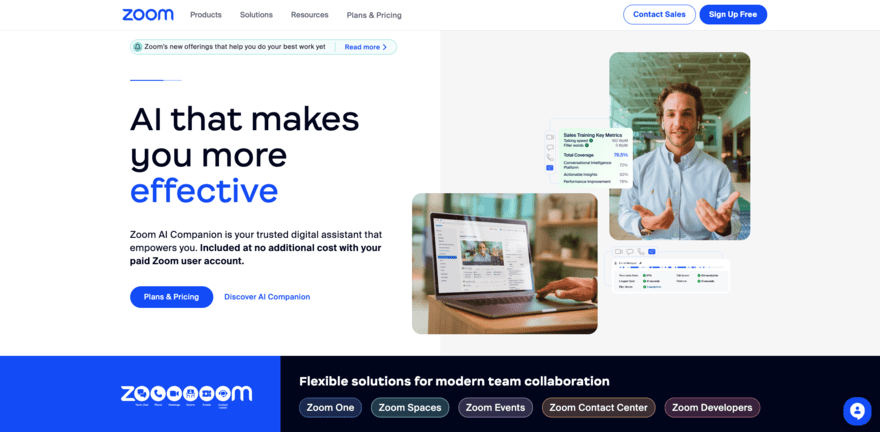 Zoom uses the extra space on their desktop site to include powerful CTAs and engaging graphics