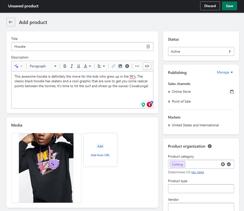Product screen with a guy in a 90's themed hoodie