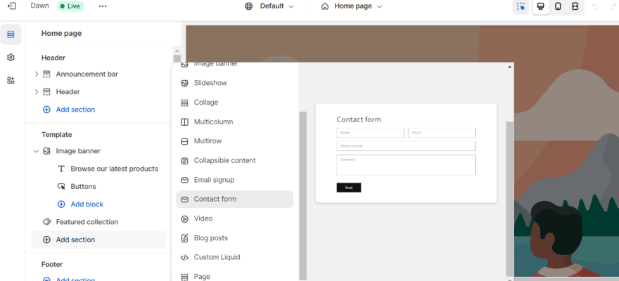 Contact form element on Shopify's website editor