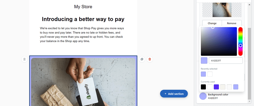 An email being edited in Shopify with the image being turned blue