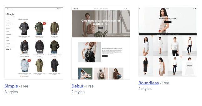 selection of themes from SHopify, showing variou slayouts for clothing stores from mens coats to womens casual