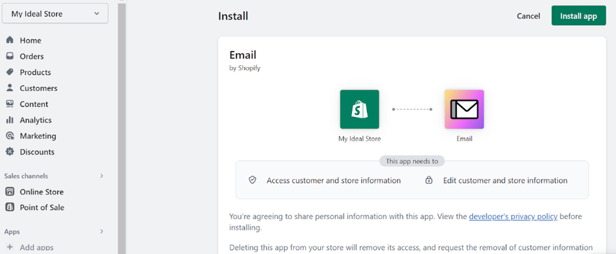 A Shopify logo and an email icon with a line between the two.