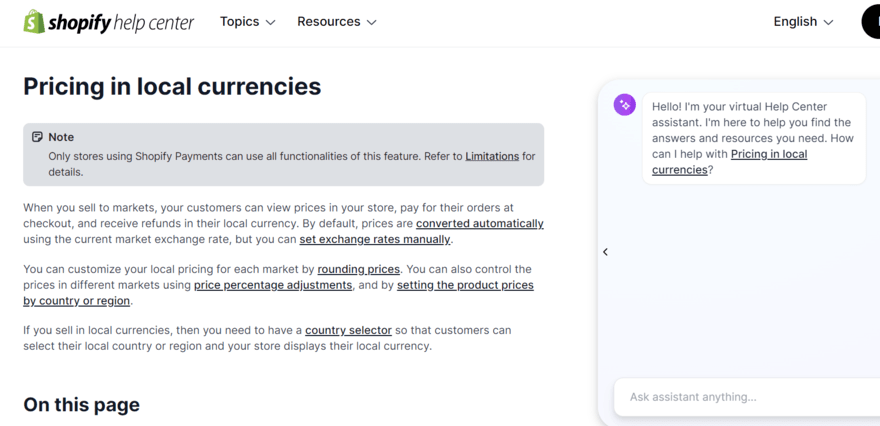 Shopify help center page showing information on pricing in local currencies