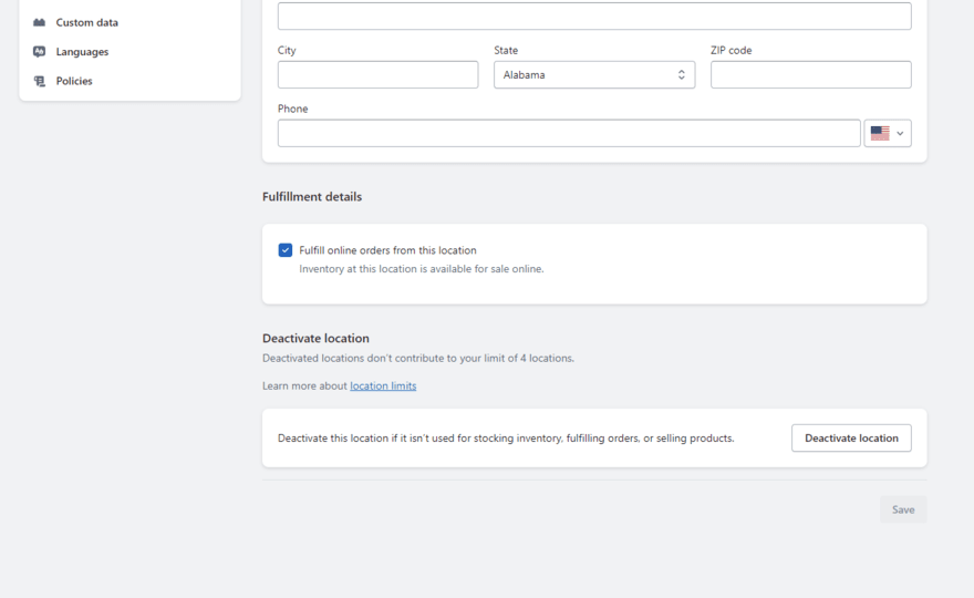 Shopify's shipping settings in the backend