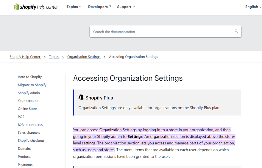 A page on the Shopify help center for accessing settings.