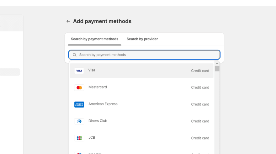 Drop down list of Shopify payment methods