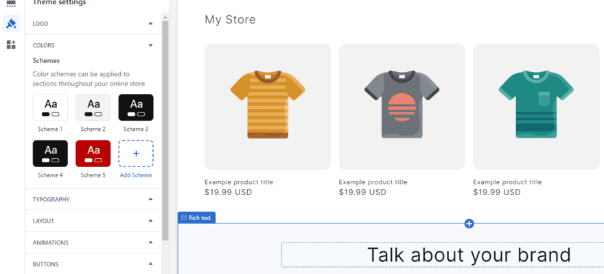 Shopify's website editor featuring its color scheme options