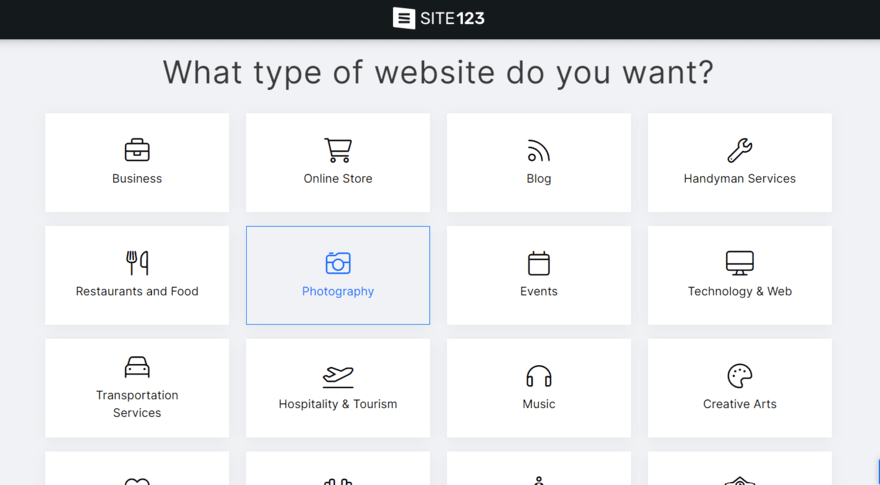 Site123 onboarding question asking users what type of website they want to create