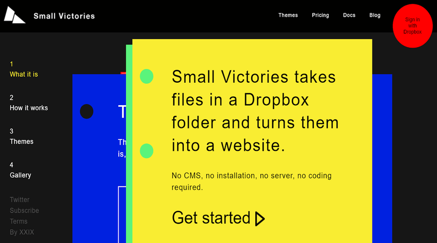 The homepage of website builder Small Victories, inviting users to sign up