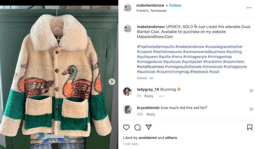 #SmallBusiness hashtag post from Mabel and Snow advertising a Duck Blanket Coat