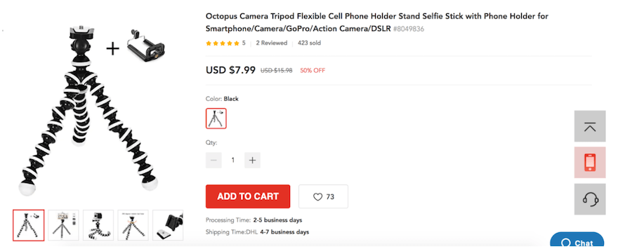A smartphone tripod product page with a red "Add To Cart" button