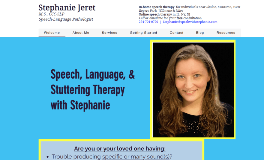 Speak with Stephanie homepage featuring an image of Stephanie, navigation bar, and contact details