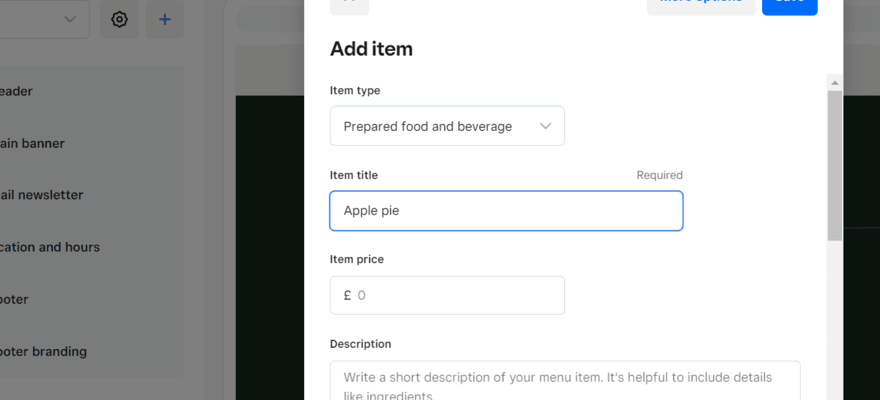 Pop up to add a new product in Square Online's editor