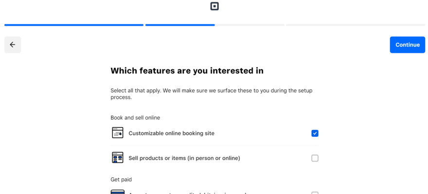Square Appointments onboarding questions, asking users what features they're interested in