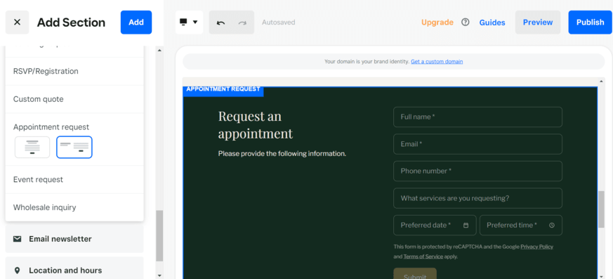 Adding an appointment element to Square Online's editor