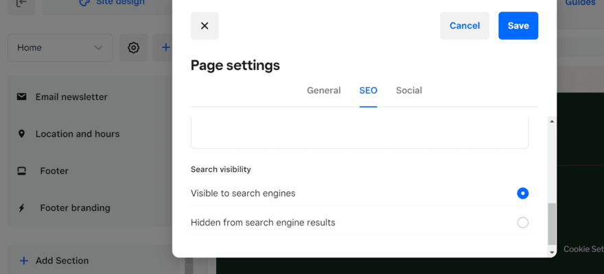 Square Online's SEO page settings pop up box