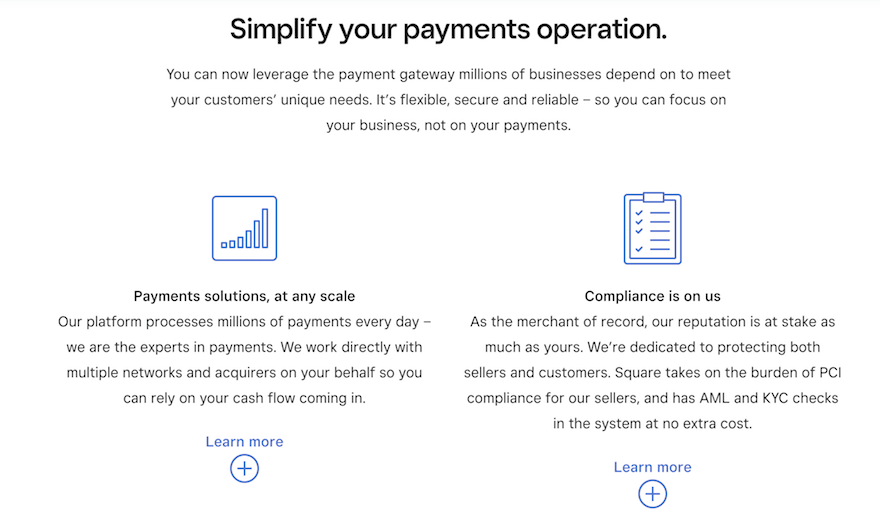 Square payment gateway website page screenshot
