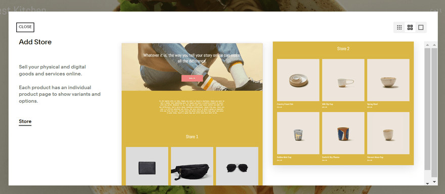 "Add Store" section of Squarespace with a preview of an online store.