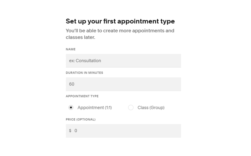 Squarespace Scheduling form to set up an appointment type