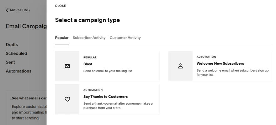 Squarespace's email marketing dashboard, asking users to select a campaign type