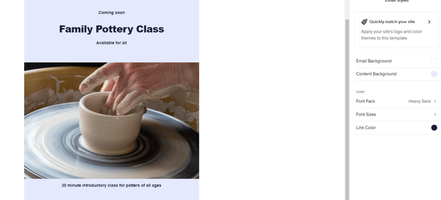Email marketing template in Squarespace's backend for a fake pottery studio class