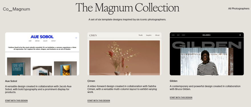 Preview of three of the new Squarespace templates from The Magnum Collection