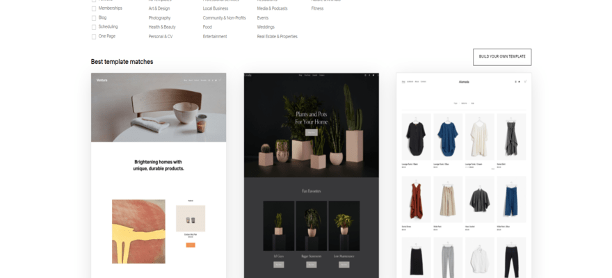 An image showing some of Squarespace's online store templates set on a white background with a filter function at the top.