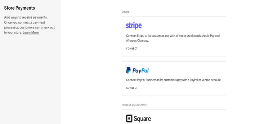 A white background with boxes showing Squarespace's different payment providers: Stripe, PayPal, and Square.