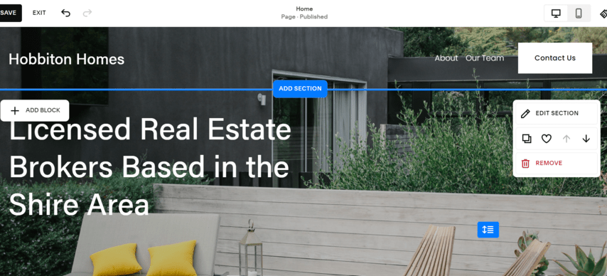 Real estate template in Squarespace's editor
