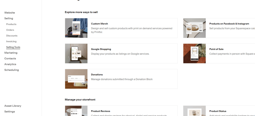 List of Squarespace's selling tools
