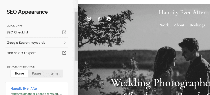 Squarespace's SEO appearance settings in the website editor