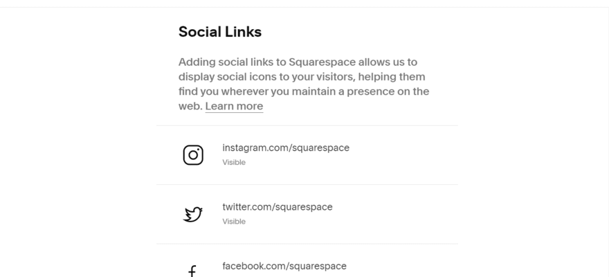 Squarespace social links settings