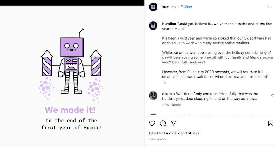 StartUpLife hashtag post from Humii of a cartoon robot with rockets celebrating first year