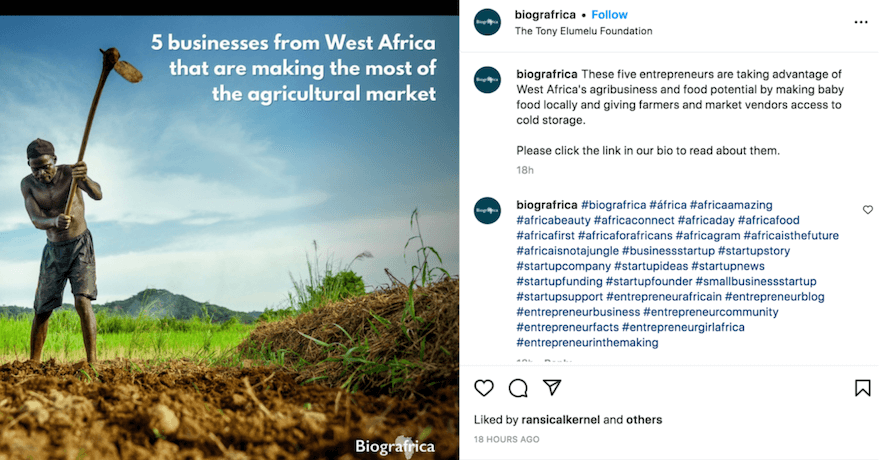 #StartUpStory Instagram post from Biogafrica showing a farmer hoeing soil